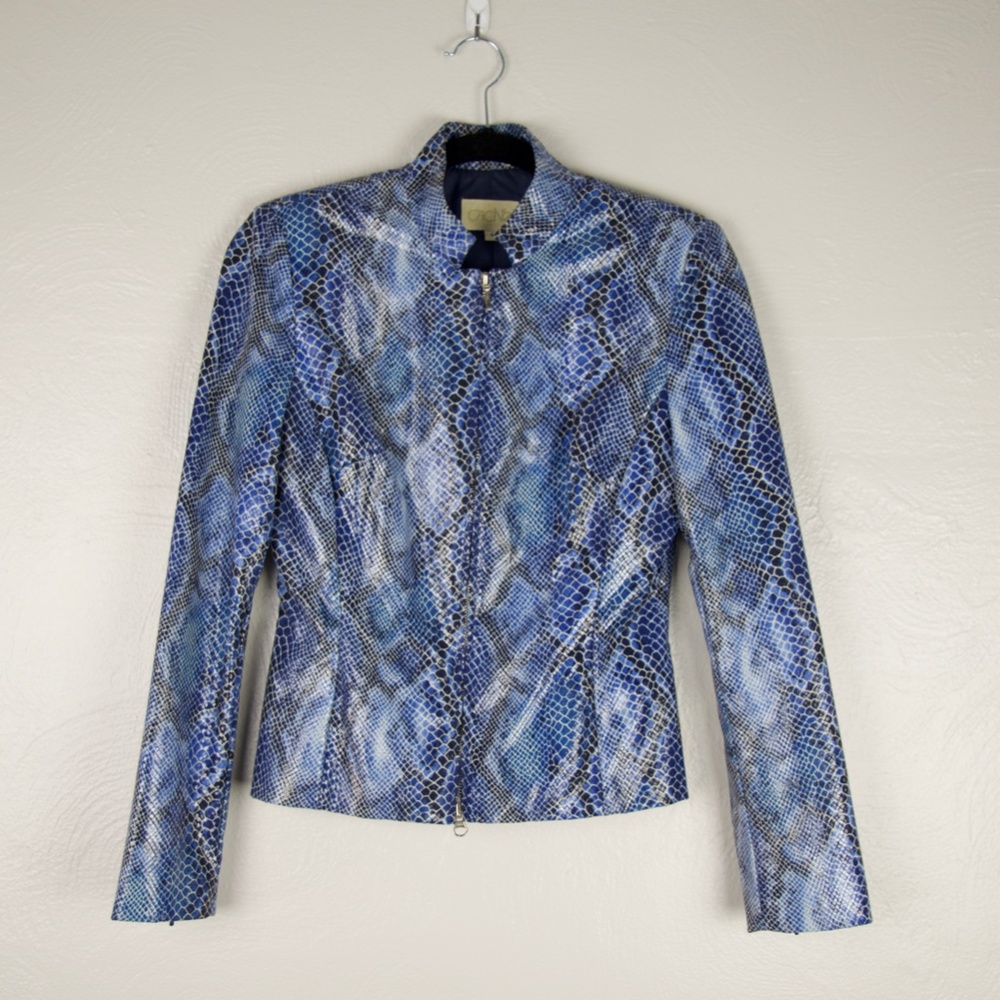 Cache Mock Neck Moto Blue Snakeskin Fitted Jacket 4/Small